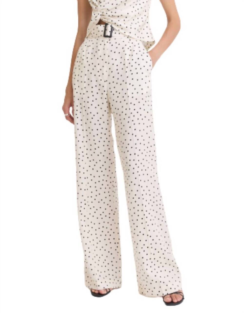 NEW MATTHEW BRUCH belted wide leg trouser in cream with black polka dot